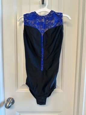 Black and Royal Blue Lace-Trim Sleeveless Leotard